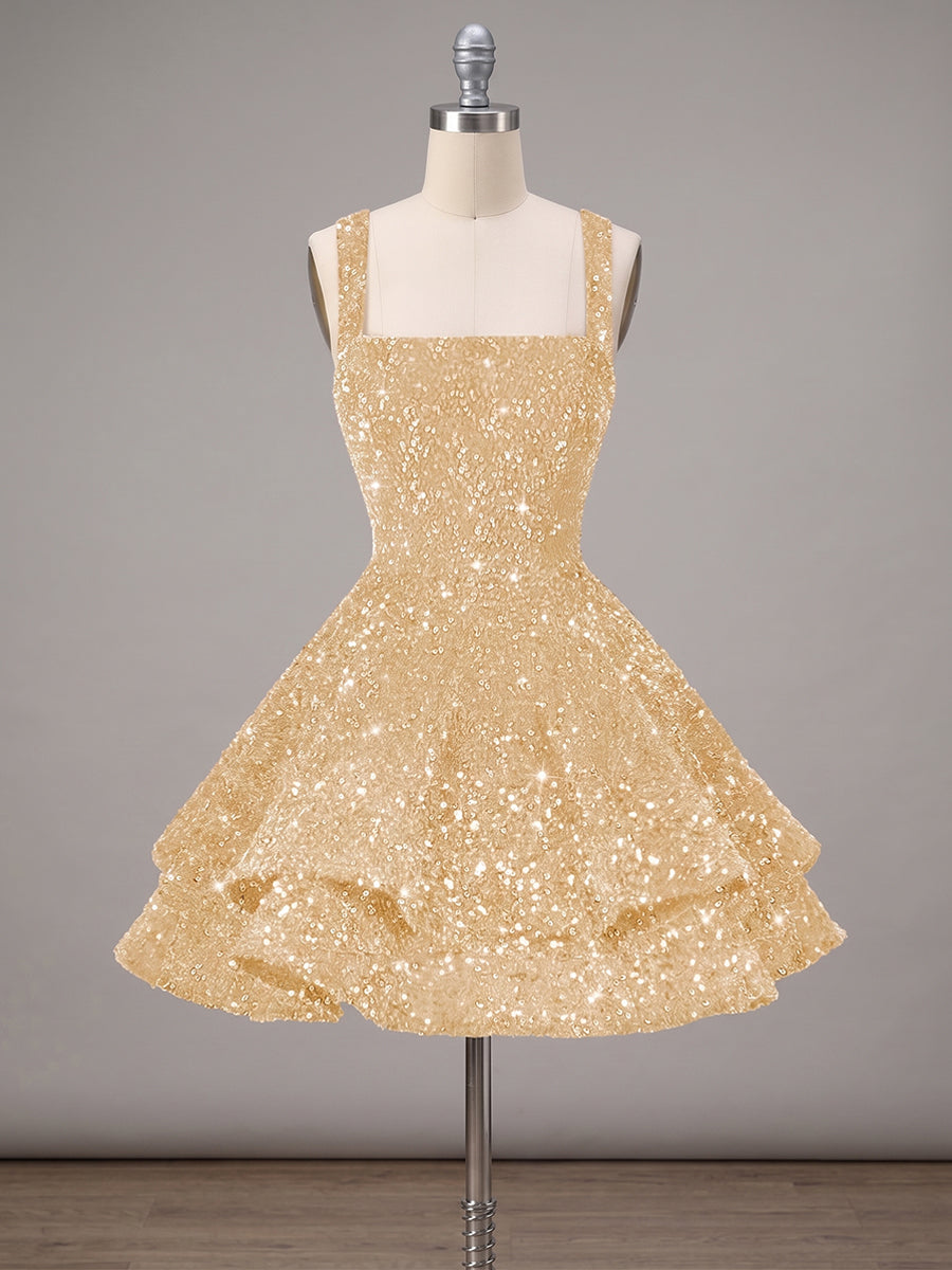 A-Line/Princess Sparkly Sequin Tiered Mini Homecoming Dresses