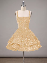 A-Line/Princess Sparkly Sequin Tiered Mini Homecoming Dresses