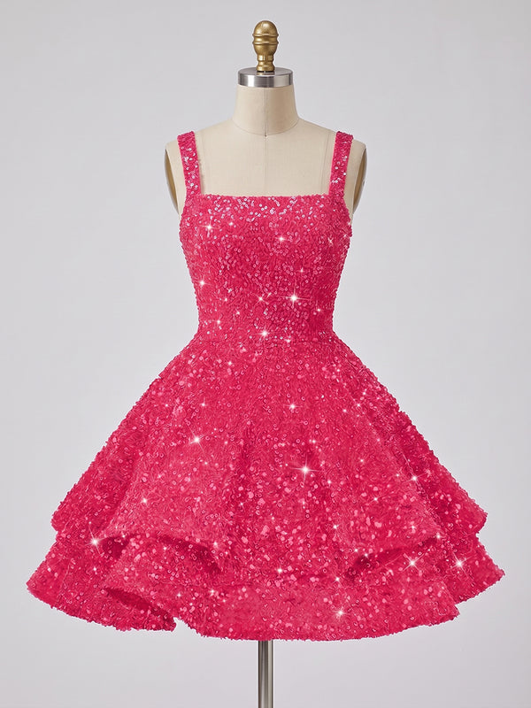 A-Line/Princess Sparkly Sequin Tiered Mini Homecoming Dresses