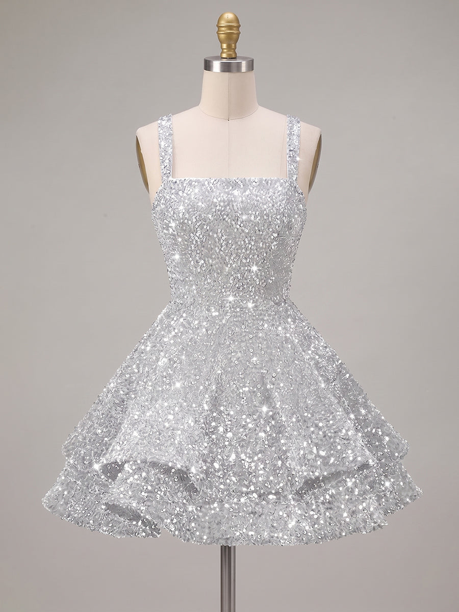 A-Line/Princess Sparkly Sequin Tiered Mini Homecoming Dresses