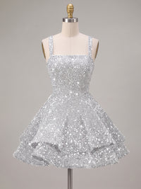 A-Line/Princess Sparkly Sequin Tiered Mini Homecoming Dresses