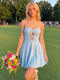A-Line/Princess Spaghetti Straps Rhinestones Mini Homecoming Dresses with Waist Cut-outs