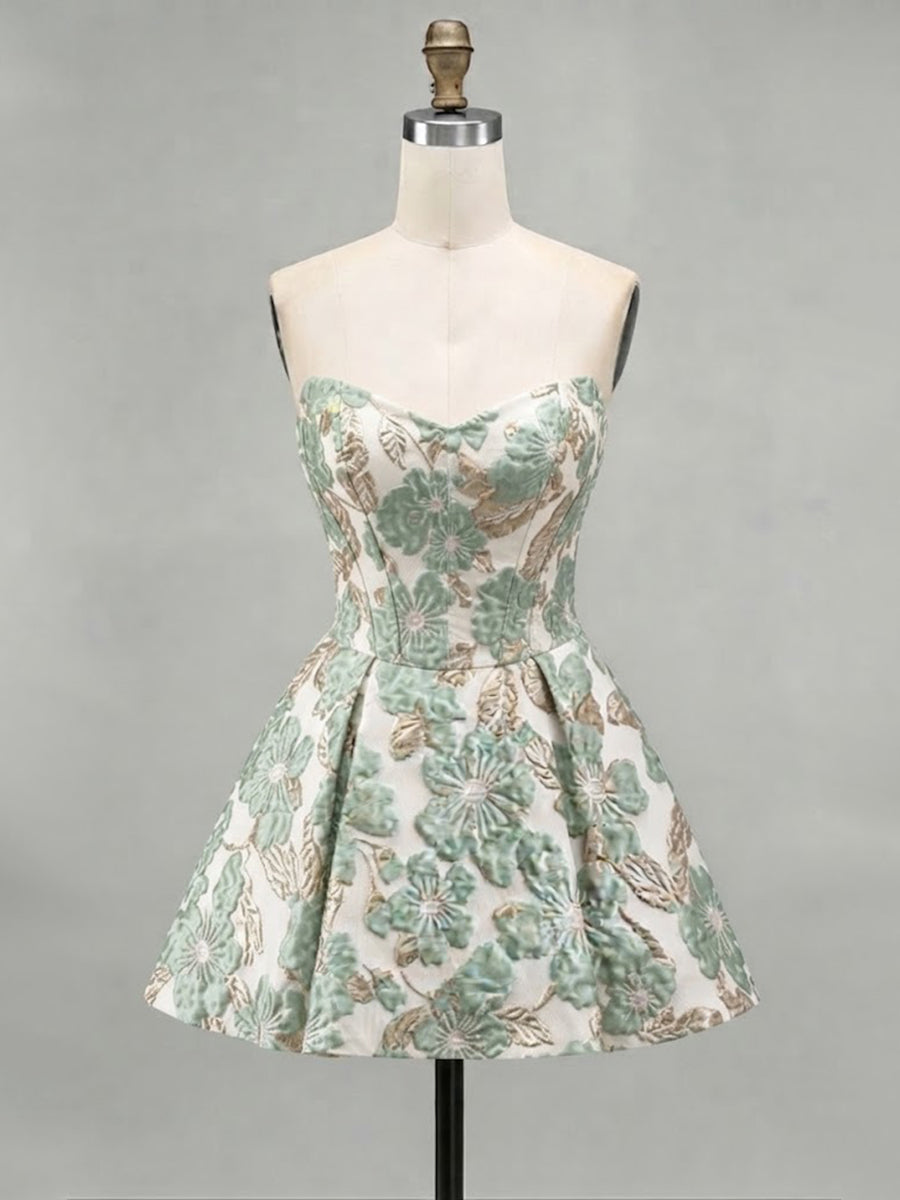 A-Line/Princess Strapless Jacquard Mini Homecoming Dresses with Corset Bodice & Pleats