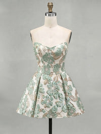 A-Line/Princess Strapless Jacquard Mini Homecoming Dresses with Corset Bodice & Pleats
