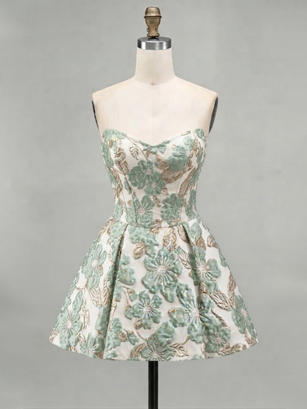 A-Line/Princess Strapless Jacquard Mini Homecoming Dresses with Corset Bodice & Pleats