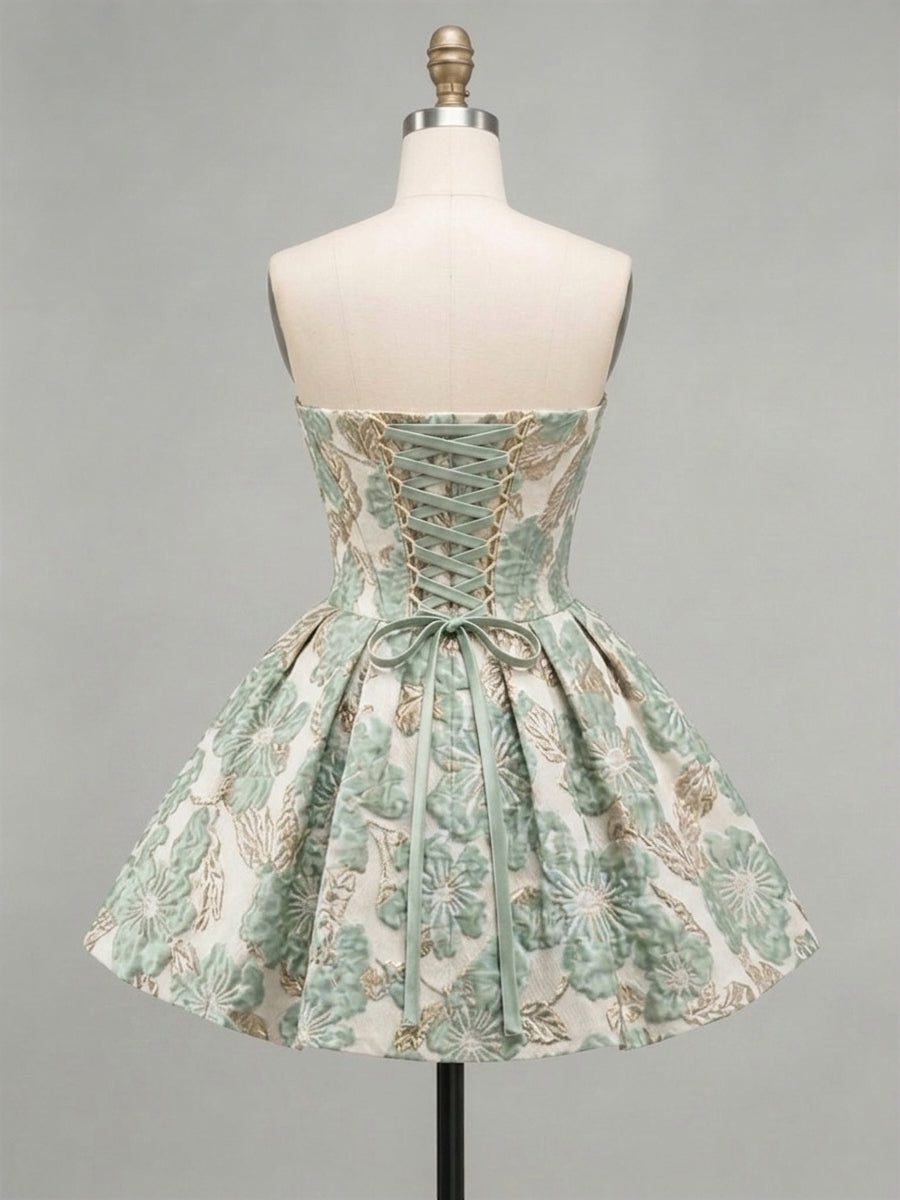 A-Line/Princess Strapless Jacquard Mini Homecoming Dresses with Corset Bodice & Pleats