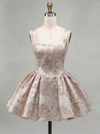 A-Line/Princess Square Neck Jacquard Mini Homecoming Dresses with Pleats