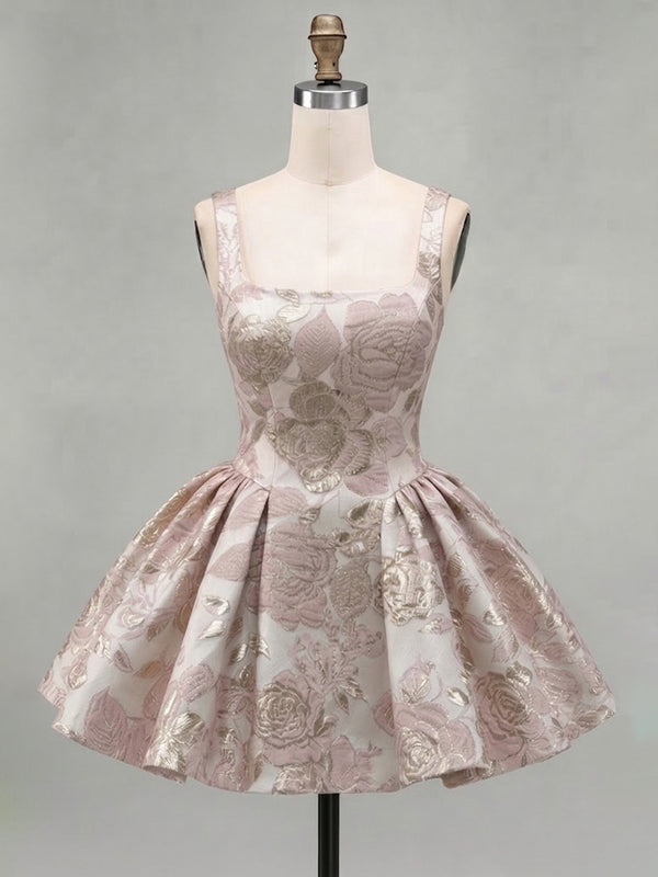 A-Line/Princess Square Neck Jacquard Mini Homecoming Dresses with Pleats