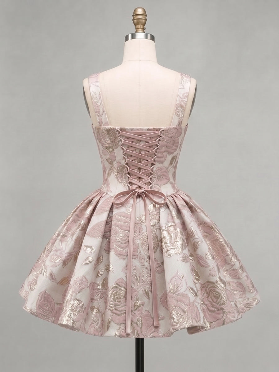 A-Line/Princess Square Neck Jacquard Mini Homecoming Dresses with Pleats