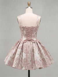 A-Line/Princess Square Neck Jacquard Mini Homecoming Dresses with Pleats