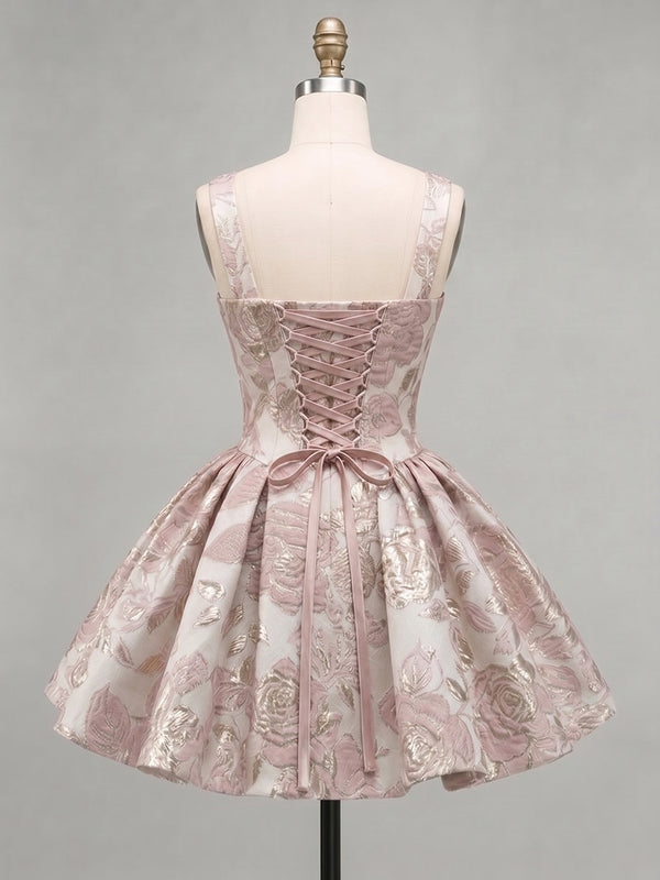 A-Line/Princess Square Neck Jacquard Mini Homecoming Dresses with Pleats