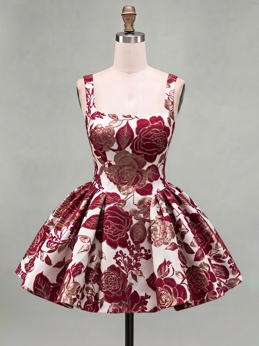 A-Line/Princess Square Neck Jacquard Mini Homecoming Dresses with Pleats