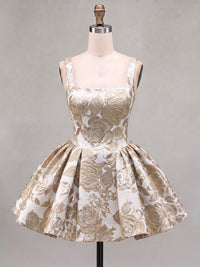 A-Line/Princess Square Neck Jacquard Mini Homecoming Dresses with Pleats