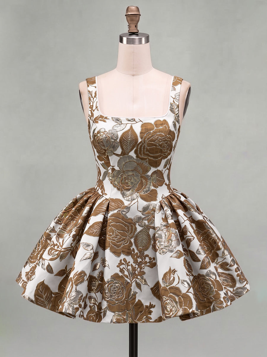 A-Line/Princess Square Neck Jacquard Mini Homecoming Dresses with Pleats