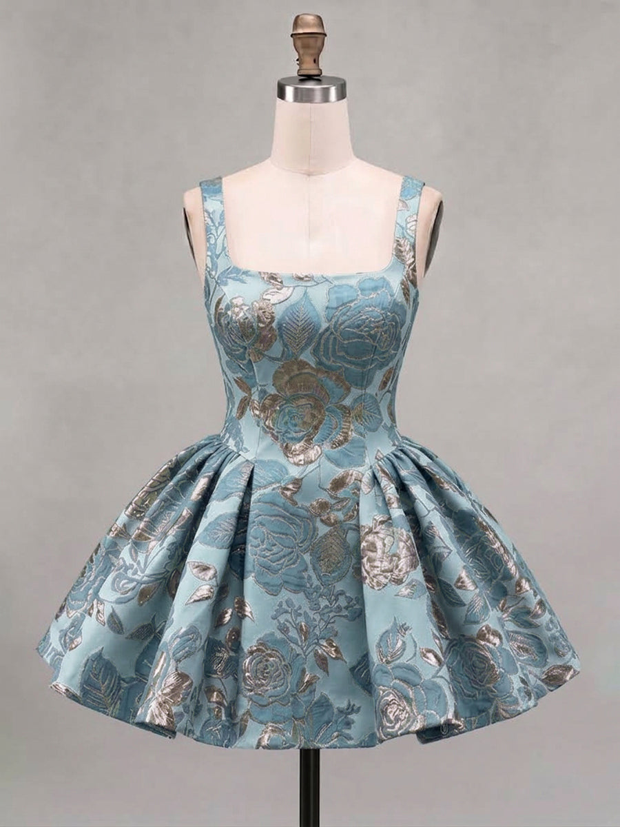 A-Line/Princess Square Neck Jacquard Mini Homecoming Dresses with Pleats