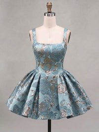 A-Line/Princess Square Neck Jacquard Mini Homecoming Dresses with Pleats