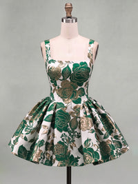 A-Line/Princess Square Neck Jacquard Mini Homecoming Dresses with Pleats