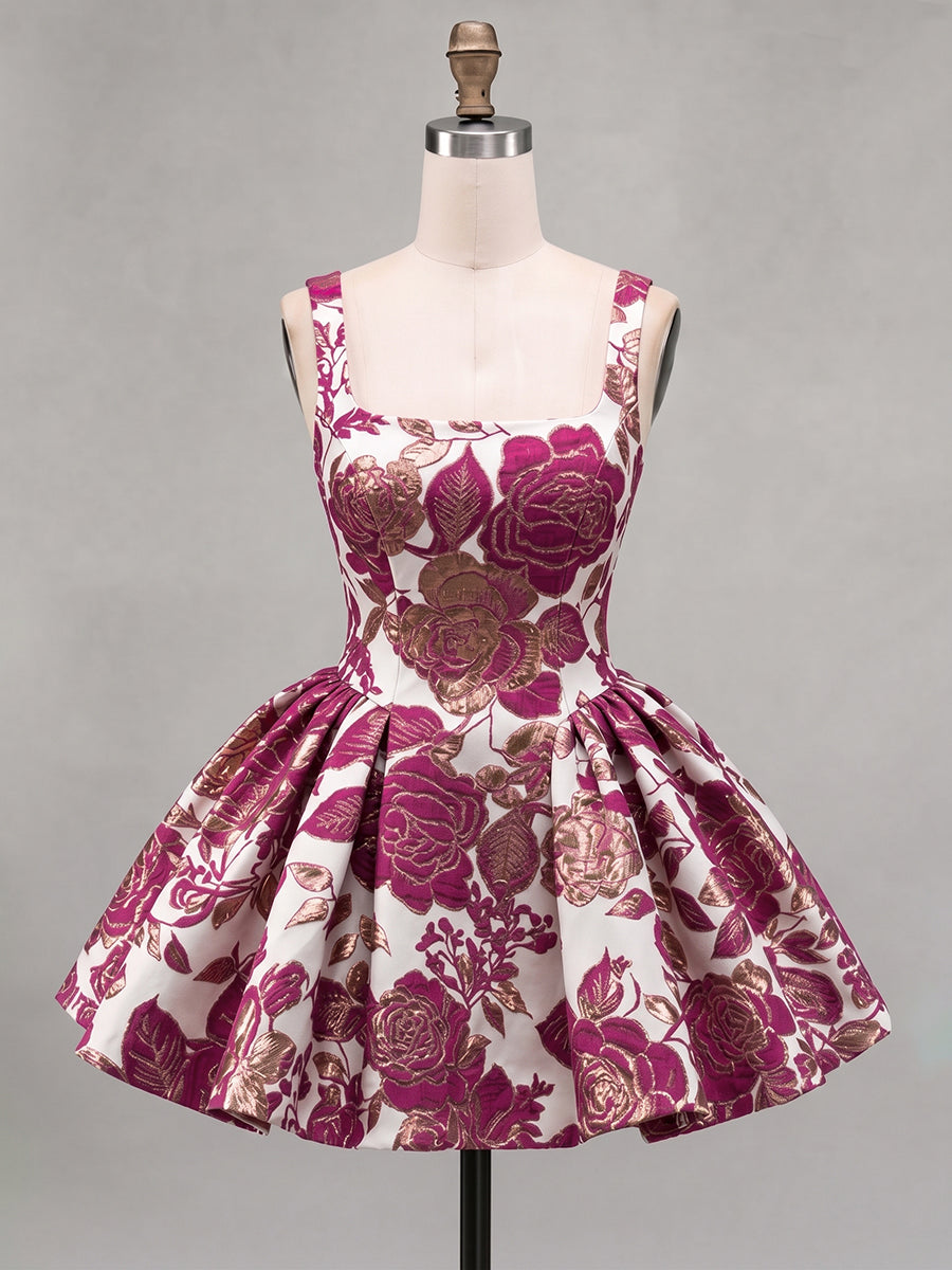 A-Line/Princess Square Neck Jacquard Mini Homecoming Dresses with Pleats