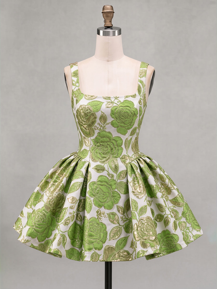 A-Line/Princess Square Neck Jacquard Mini Homecoming Dresses with Pleats