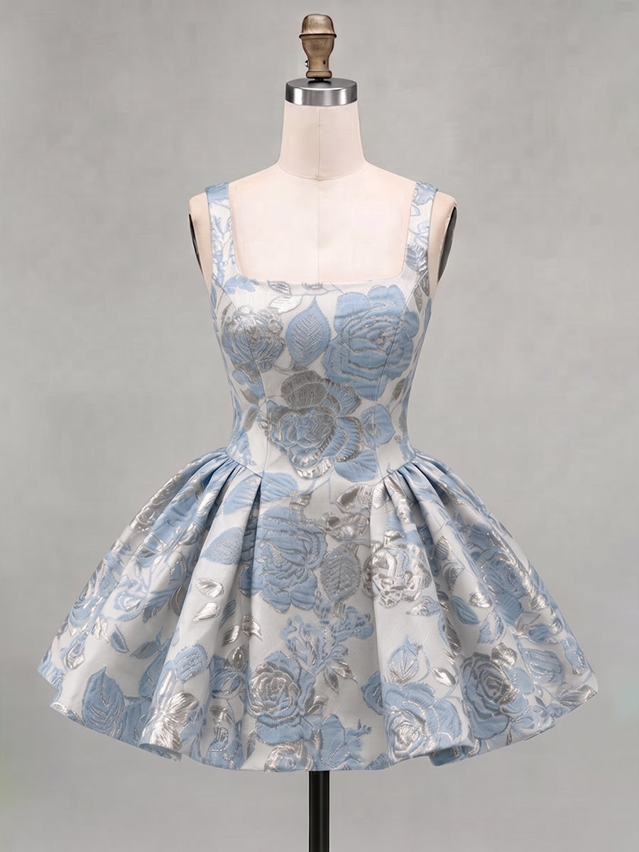 A-Line/Princess Square Neck Jacquard Mini Homecoming Dresses with Pleats