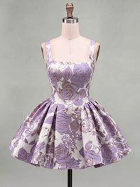 A-Line/Princess Square Neck Jacquard Mini Homecoming Dresses with Pleats