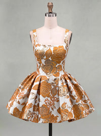 A-Line/Princess Square Neck Jacquard Mini Homecoming Dresses with Pleats
