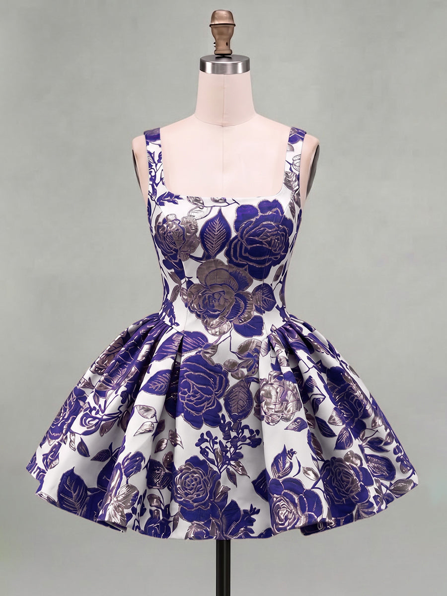 A-Line/Princess Square Neck Jacquard Mini Homecoming Dresses with Pleats