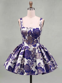 A-Line/Princess Square Neck Jacquard Mini Homecoming Dresses with Pleats