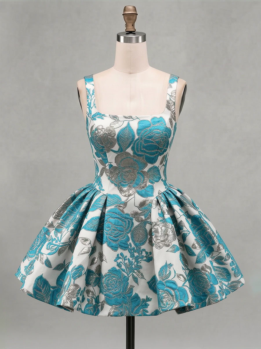 A-Line/Princess Square Neck Jacquard Mini Homecoming Dresses with Pleats