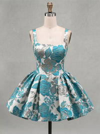 A-Line/Princess Square Neck Jacquard Mini Homecoming Dresses with Pleats