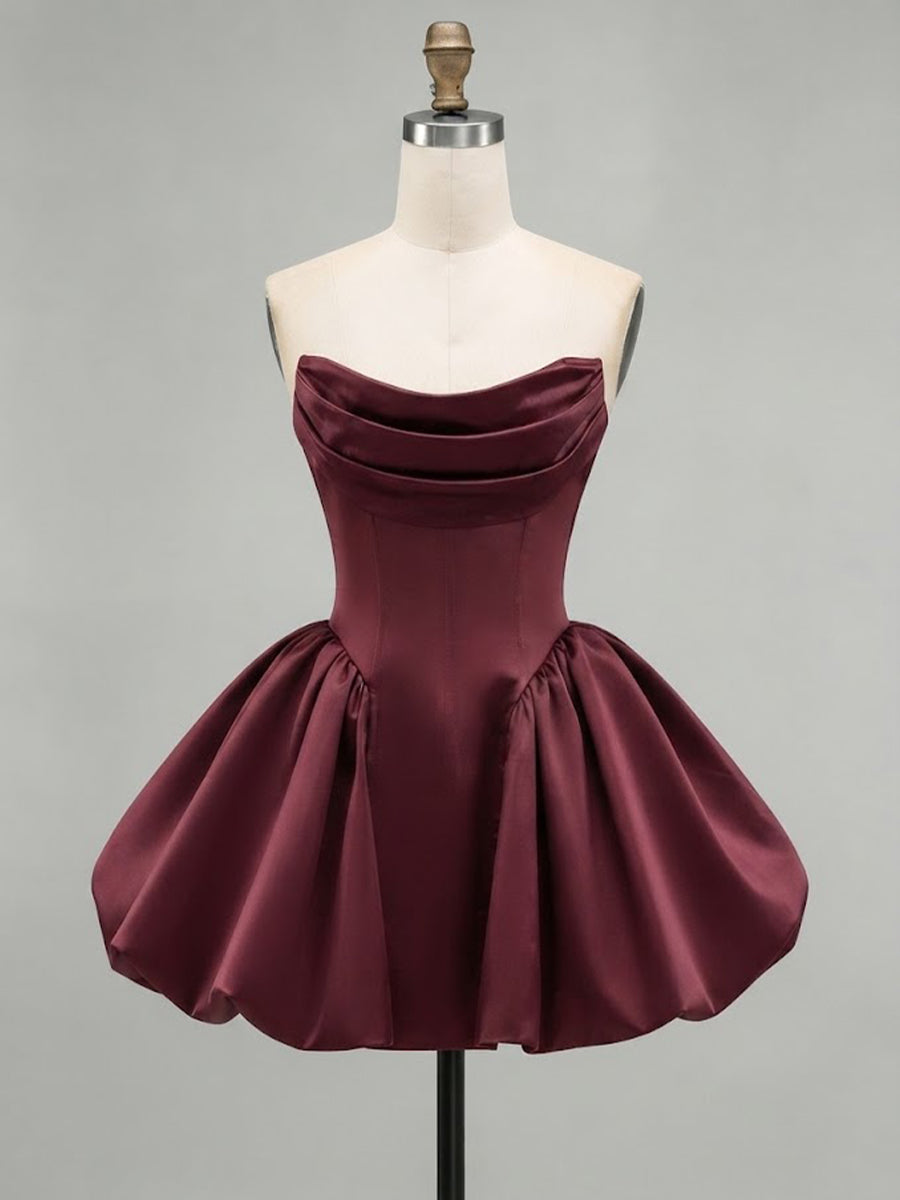 A-Line/Princess Strapless Satin Mini Homecoming Dresses with Corset Bodice & Pleats