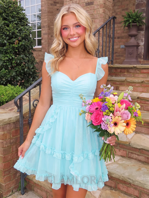 A-Line/Princess Sweetheart Chiffon Mini Homecoming Dresses with Ruffles & Ruched Waist