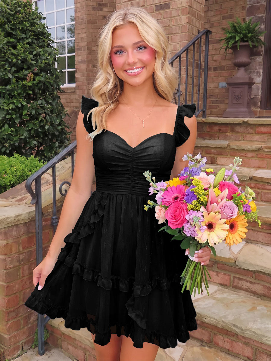 A-Line/Princess Sweetheart Chiffon Mini Homecoming Dresses with Ruffles & Ruched Waist