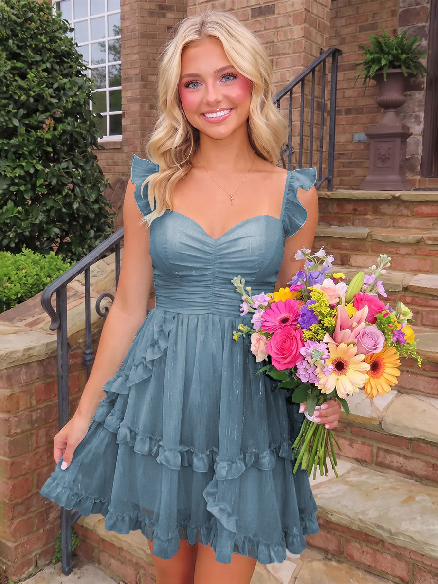 A-Line/Princess Sweetheart Chiffon Mini Homecoming Dresses with Ruffles & Ruched Waist