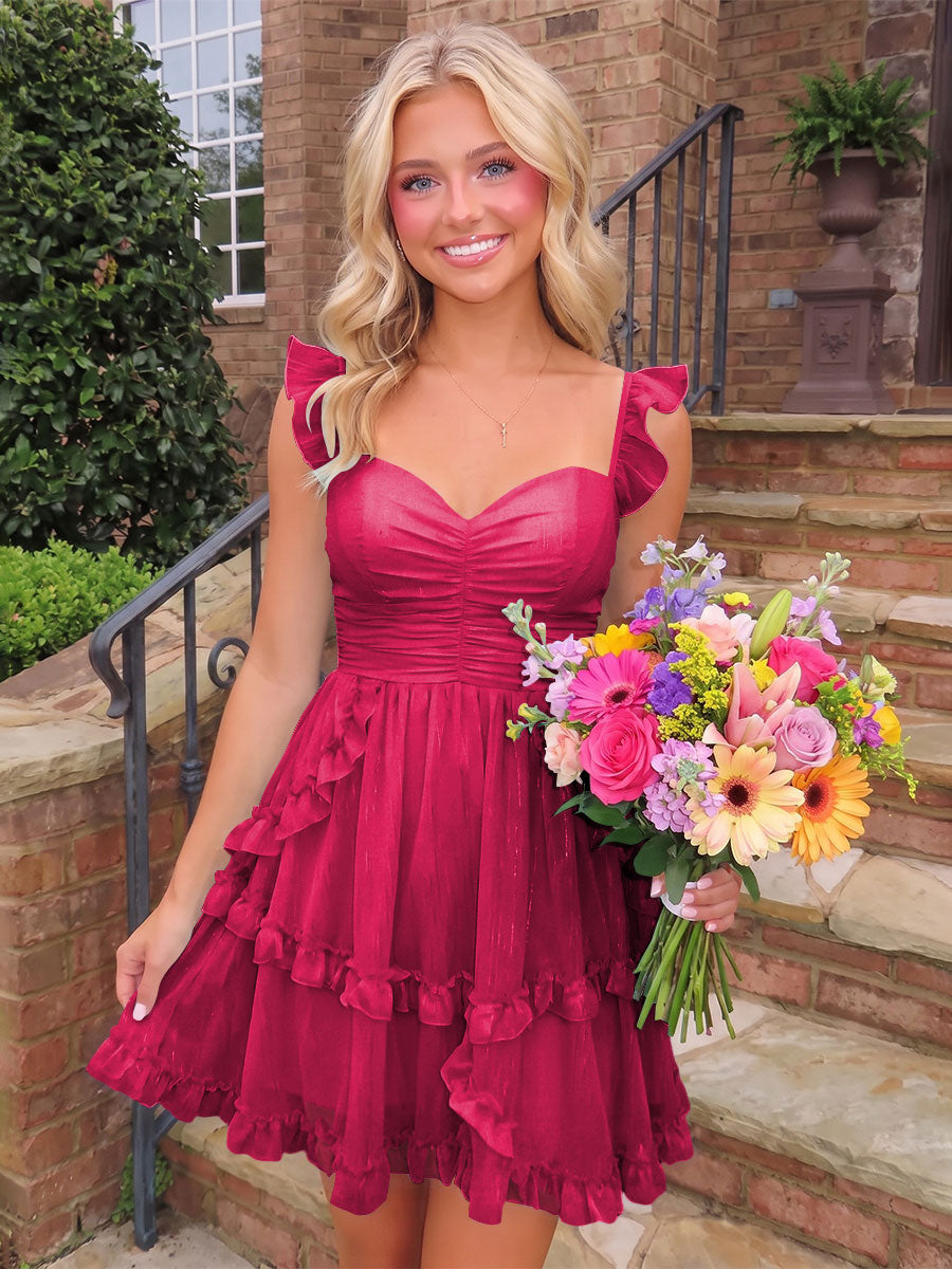 A-Line/Princess Sweetheart Chiffon Mini Homecoming Dresses with Ruffles & Ruched Waist