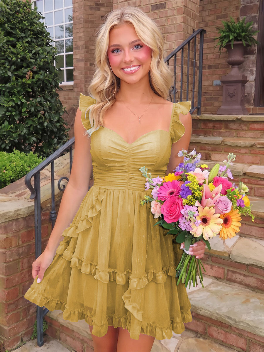 A-Line/Princess Sweetheart Chiffon Mini Homecoming Dresses with Ruffles & Ruched Waist