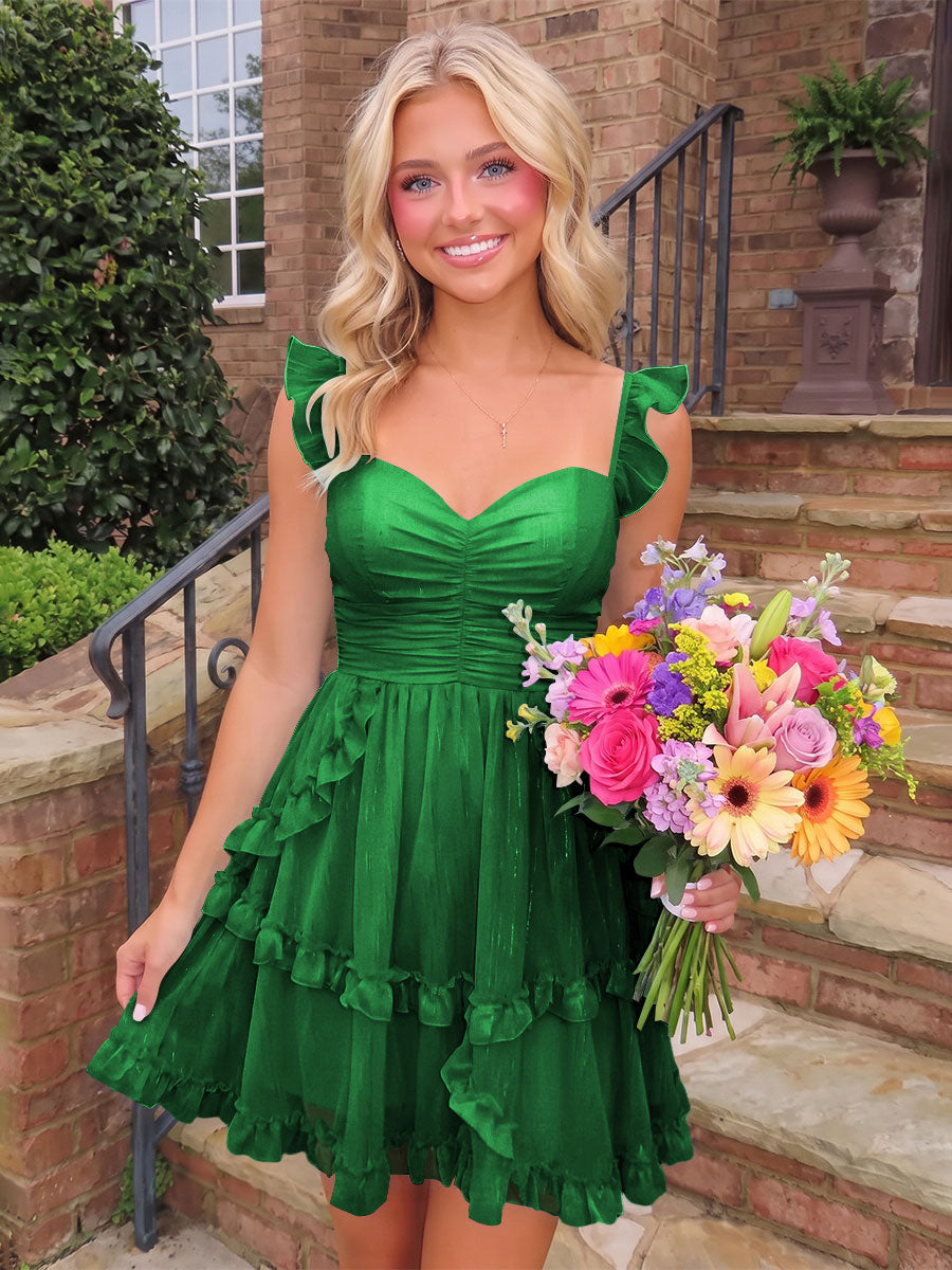 A-Line/Princess Sweetheart Chiffon Mini Homecoming Dresses with Ruffles & Ruched Waist