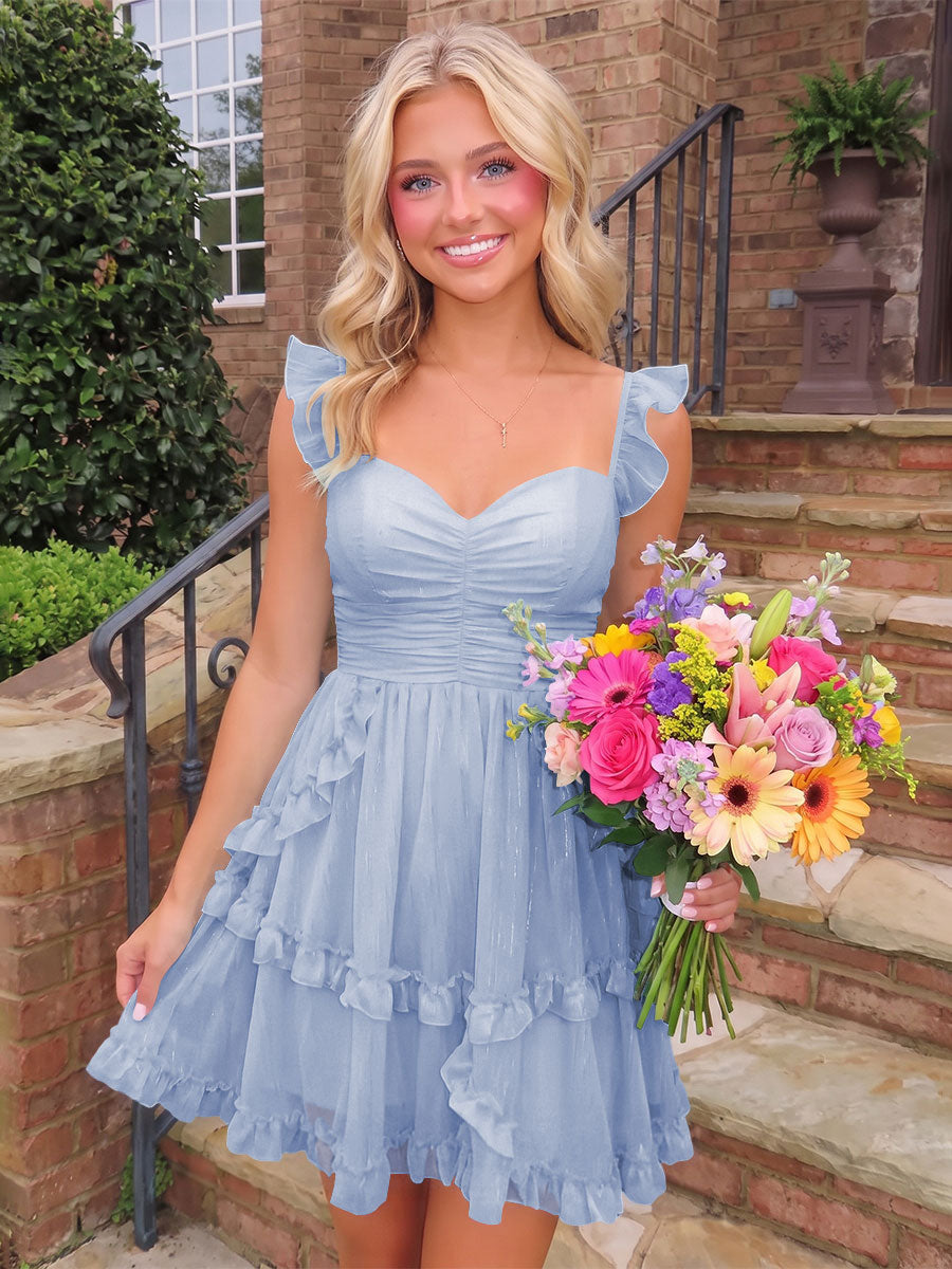 A-Line/Princess Sweetheart Chiffon Mini Homecoming Dresses with Ruffles & Ruched Waist