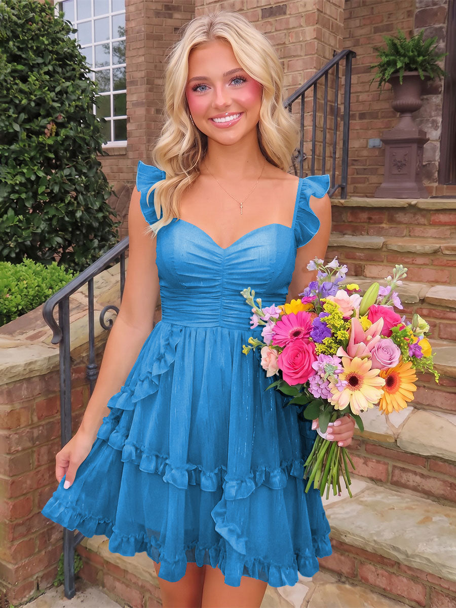 A-Line/Princess Sweetheart Chiffon Mini Homecoming Dresses with Ruffles & Ruched Waist