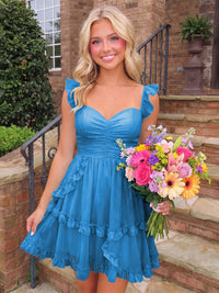 A-Line/Princess Sweetheart Chiffon Mini Homecoming Dresses with Ruffles & Ruched Waist