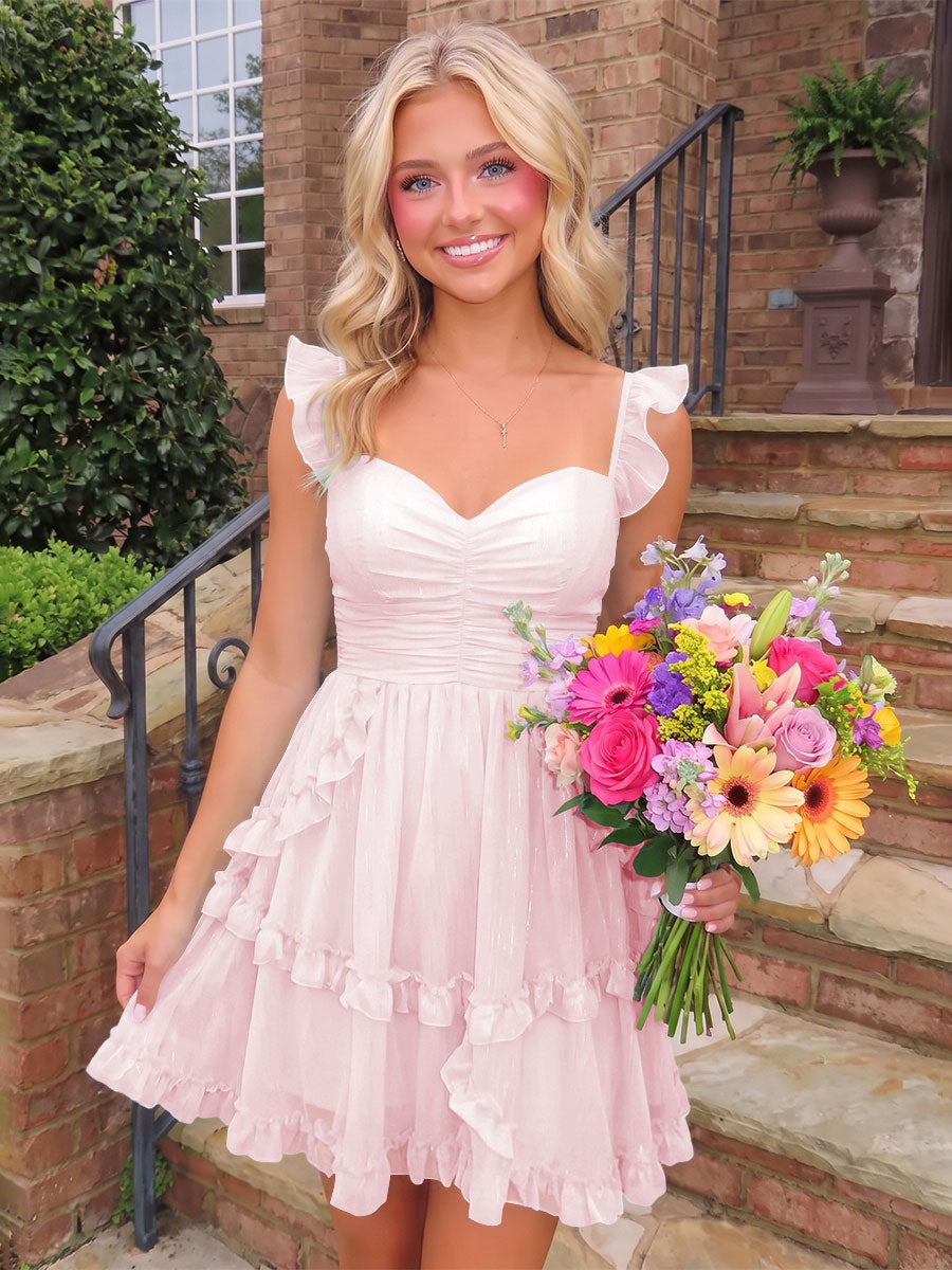 A-Line/Princess Sweetheart Chiffon Mini Homecoming Dresses with Ruffles & Ruched Waist