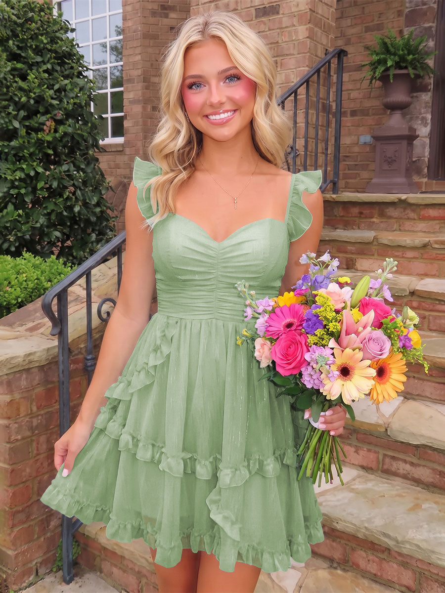 A-Line/Princess Sweetheart Chiffon Mini Homecoming Dresses with Ruffles & Ruched Waist