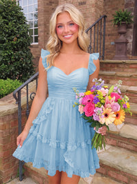 A-Line/Princess Sweetheart Chiffon Mini Homecoming Dresses with Ruffles & Ruched Waist