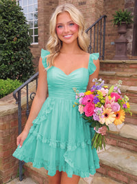 A-Line/Princess Sweetheart Chiffon Mini Homecoming Dresses with Ruffles & Ruched Waist