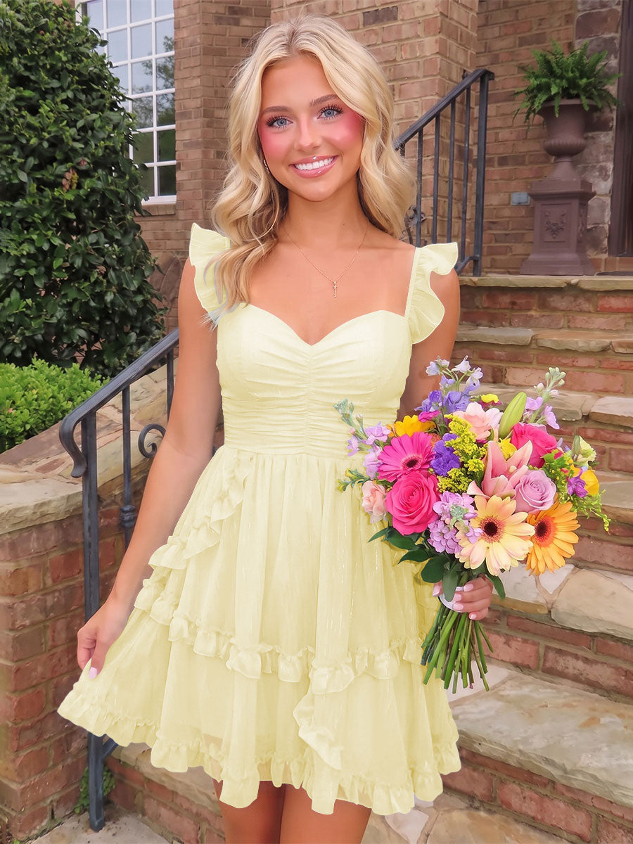 A-Line/Princess Sweetheart Chiffon Mini Homecoming Dresses with Ruffles & Ruched Waist
