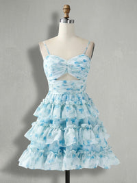 Spaghetti Straps Floral Print Chiffon Mini Tiered Homecoming Dresses with Ruched Waist & Ruffles