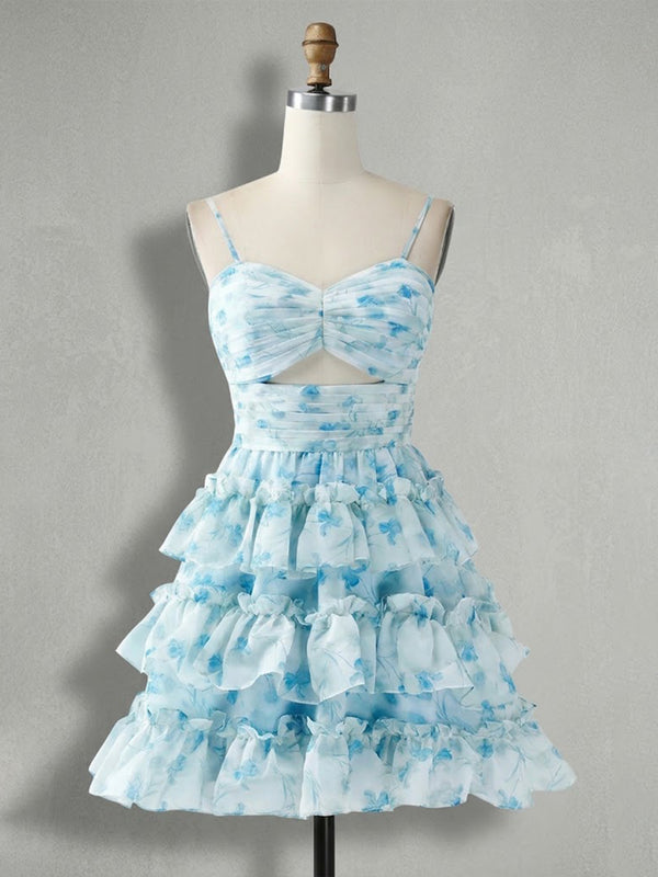 Spaghetti Straps Floral Print Chiffon Mini Tiered Homecoming Dresses with Ruched Waist & Ruffles