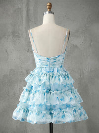 Spaghetti Straps Floral Print Chiffon Mini Tiered Homecoming Dresses with Ruched Waist & Ruffles