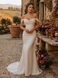 Mermaid/Trumpet Off Shoulder Bridal Gowns Satin Floor-Length Wedding Dresses with Sweep Train