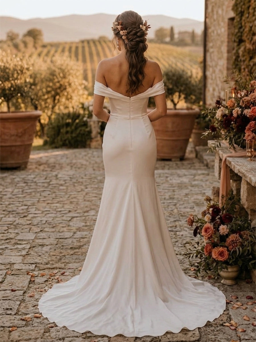 Mermaid/Trumpet Off Shoulder Bridal Gowns Satin Floor-Length Wedding Dresses with Sweep Train